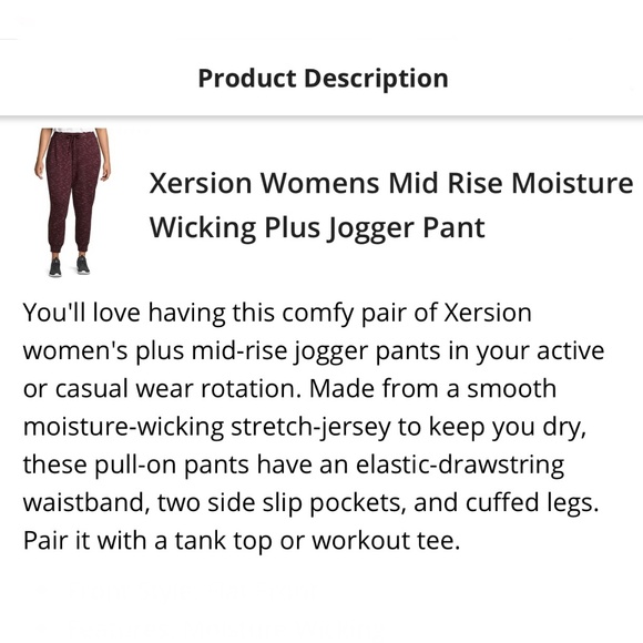 Xersion Women's Plus Size Bold Burgundy Mid Rise Active Jogger Pant Size 1X 2X - Picture 4 of 10